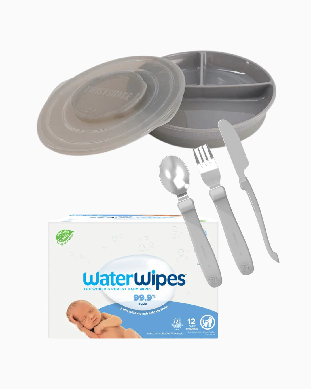 Pack Twistshake Gris Plato Dividido, Servicio Acero + WaterWipes x720
